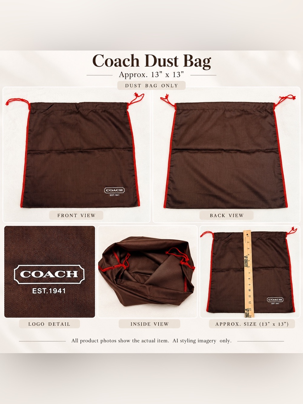 Coach Est 1941 Brown Red Drawstring Dust Bag 13x13 Handbag Storage Pouch NWOT